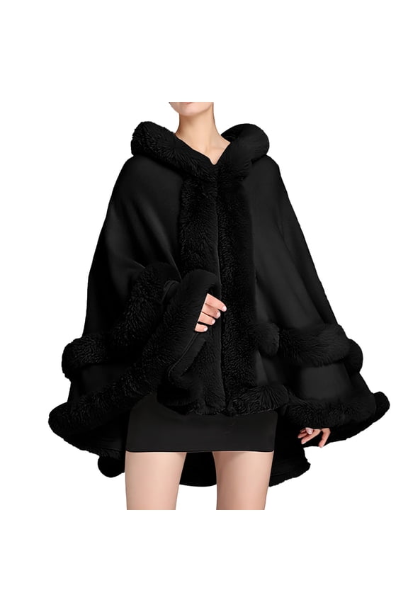 Faux Fur Shawl, Women Hooded Poncho Cape Faux Shawl Wrap With Trim Sleeveless Cardigan Cloak Fashion Tops Coat Fur Shawl Wraps for Women Black One Size
