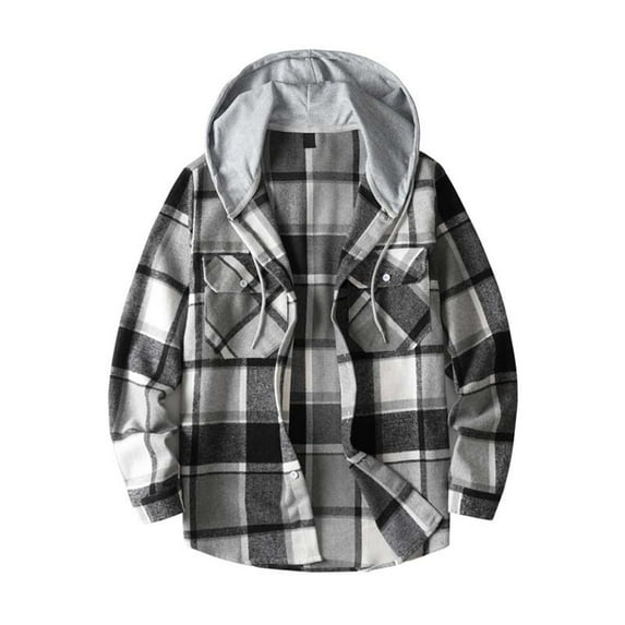 Charmgo Flannel Shirt for Men, Men's Autumn and Winter Casual Long Sleeve Hooded Plaid Shirt Striped Flannel Shirt Men, Tshirts Shirts for Men Black XL