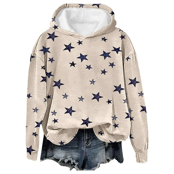 Charmgo Graphic Hoodies Under $15, Women's Casual Full Stars Print Hooded Sweatshirt Y2k Round Neck Long Sleeve Sweatshirt Winter Clothes for Women, Beige Hoodies for Women M
