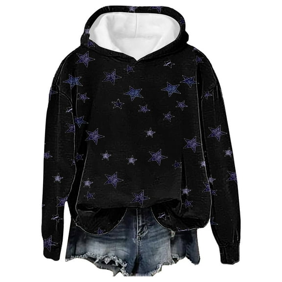 Charmgo Graphic Hoodies Under $15, Women's Casual Full Stars Print Hooded Sweatshirt Y2k Round Neck Long Sleeve Sweatshirt Winter Clothes for Women, Black Hoodies for Women M