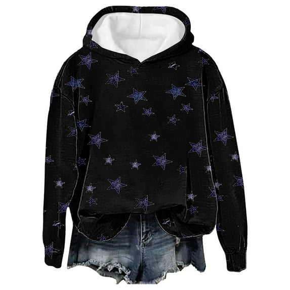 Charmgo Graphic Hoodies Under $15, Women's Casual Full Stars Print Hooded Sweatshirt Y2k Round Neck Long Sleeve Sweatshirt Winter Clothes for Women, Black Hoodies for Women M
