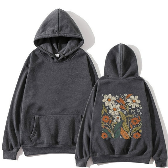 Charmgo Graphic Hoodies Clearance, Women Autumn/Winter Hoodie with Floral Print Plus Size Loose Winter Clothes for Women, Grey Hoodies for Women XXXXL