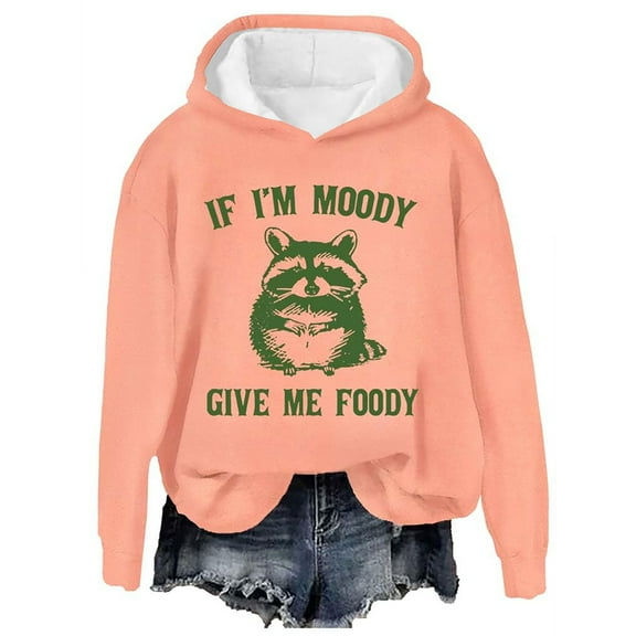 Charmgo Graphic Hoodies, If I'Mmoody Give Me Foody Women's Fashion Casual Letter Raccoon Print Long Sleeve Hooded Sweatshirt Oversized Sweatshirt for Women, Hoodies for Women Watermelon Red M