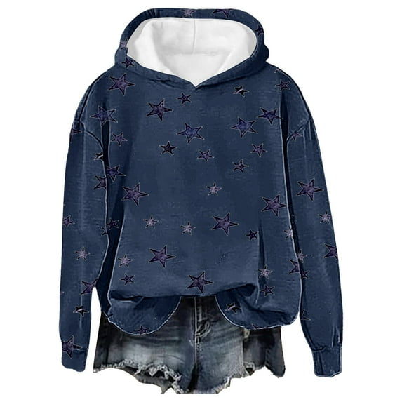 Charmgo Graphic Hoodies for Women, Women's Casual Full Stars Print Hooded Sweatshirt Y2k Round Neck Long Sleeve Sweatshirt, Winter Clothes for Women, Dark Blue Hoodie XXL