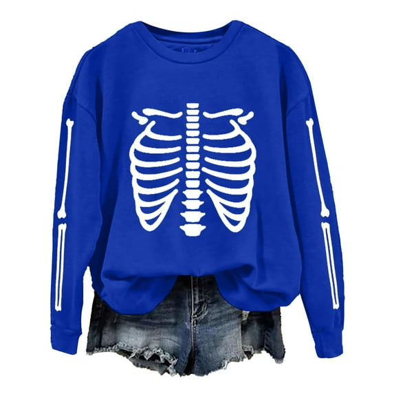 Charmgo Halloween Sweatshirt Under $15, Women's Trendy Halloween Skeleton Bones Casual Sweatshirt, Halloween Sweater for Women Blue M