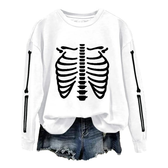 Charmgo Halloween Sweatshirt Under $15, Women's Trendy Halloween Skeleton Bones Casual Sweatshirt, Halloween Sweater for Women White S