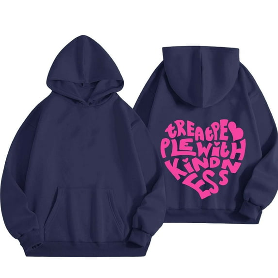 Charmgo Hoodies for Women Trendy, Women's Letter Graphic Print Long Sleeve Tops Drawstring Hoodies Crewneck Sweatshirt Casual Pullover Tops, Graphic Hoodies Navy XXXXL