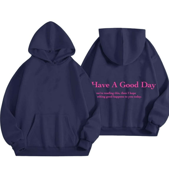 Charmgo Hoodies for Women Trendy, Women's Letter Graphic Print Long Sleeve Tops Drawstring Hoodies Crewneck Sweatshirt Casual Pullover Tops, Graphic Hoodies Navy M