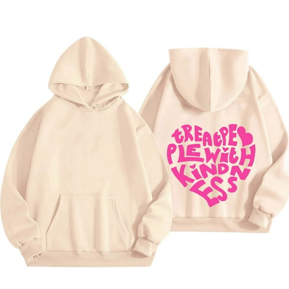 Charmgo Hoodies for Women Trendy, Women's Letter Graphic Print Long Sleeve Tops Drawstring Hoodies Crewneck Sweatshirt Casual Pullover Tops, Graphic Hoodies Beige L