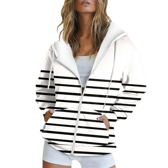 Charmgo Hoodies for Women, Women Fashion Autumn and Winter Warm Striped Jacket with Pocket Casual Long Sleeve Zip Up Hoodie Ladies Hooded Sweatshirt Winter Clothes for Women, White Hoodie S