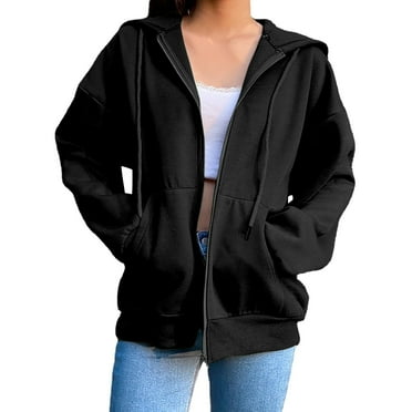Charmgo Hoodies for Women, Women's Solid Color Hooded Plush Sweater Long Sleeve Loose Fit Sports Coat Zip Up Hoodie Women, Black Hoodies for Women L