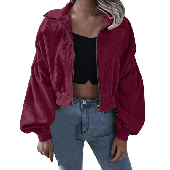 Charmgo Jackets for Women, Womens Fashion Corduroy Jacket Lapel Solid Color Long Sleeve Cropped Jacket Zip Coat Bomber Jacket Women, Burgundy Jackets Women M