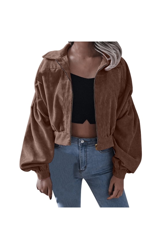Jackets for Women, Womens Fashion Corduroy Jacket Lapel Solid Color Long Sleeve Cropped Jacket Zip Coat Bomber Jacket Women, Tan Jackets Women XL
