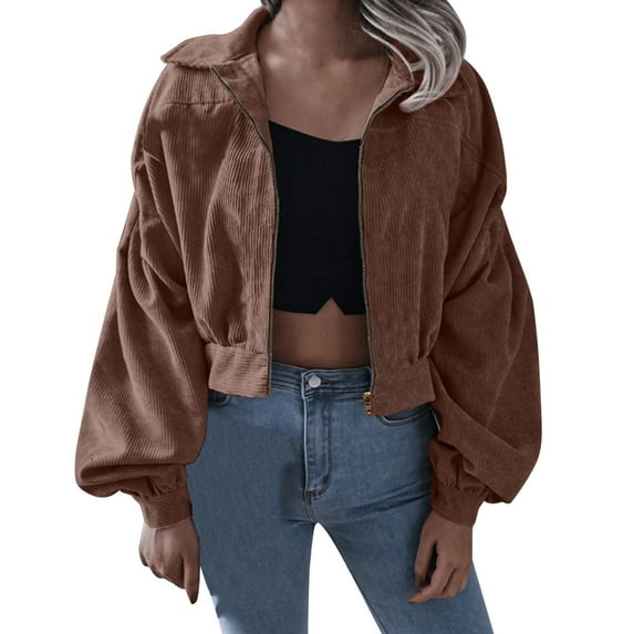 Charmgo Jackets for Women, Womens Fashion Corduroy Jacket Lapel Solid Color Long Sleeve Cropped Jacket Zip Coat Bomber Jacket Women, Tan Jackets Women XXL
