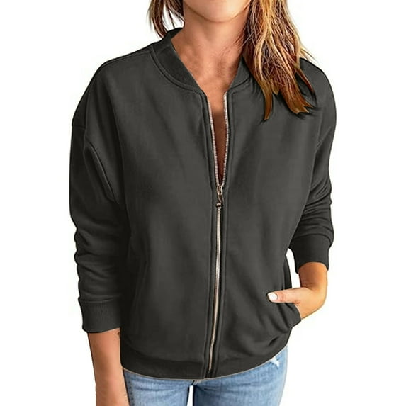 Charmgo Jackets for Women, Women's Fleece Jacket Long Sleeve Comfort Color Casual Loose Coat, Zip Up Jackets for Women, Grey Jackets Women L
