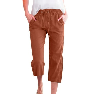 Charmgo Linen Pants Women, Women Fashion High Waisted Wide Leg Pants Drawstring Elastic Trousers Comfy Straight Leg Pants with Pockets Capris for Women Brown XXXXL