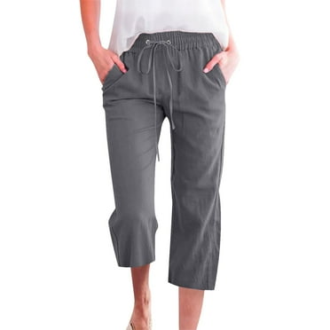 Charmgo Linen Pants Women, Women Fashion High Waisted Wide Leg Pants Drawstring Elastic Trousers Comfy Straight Leg Pants with Pockets Capris for Women Dark Gray XXXXL