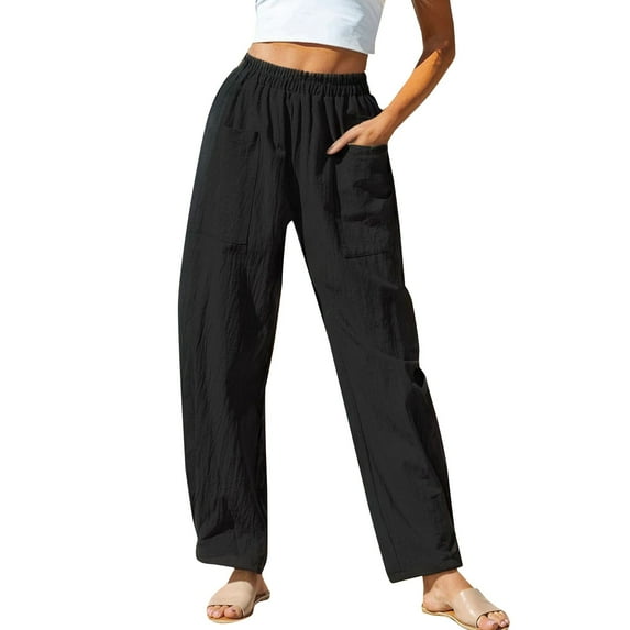 Charmgo Linen Pants Women, Women's Cotton and Linen Casual Pants Holiday Wind Elastic Waist Banana Pants Bag Casual Wide Leg Pants for Women Trendy Black XL