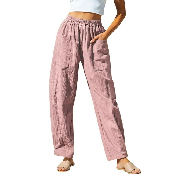 Charmgo Linen Pants Women, Women's Cotton and Linen Casual Pants Holiday Wind Elastic Waist Banana Pants Bag Casual Wide Leg Pants for Women Trendy Pink XXL