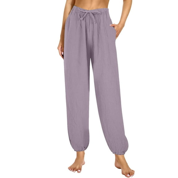Charmgo Linen Pants Women, Women's Crepe Solid Color Summer Drop Comfortable Elastic Waist Pants Wide Leg Pants for Women Trendy Purple M