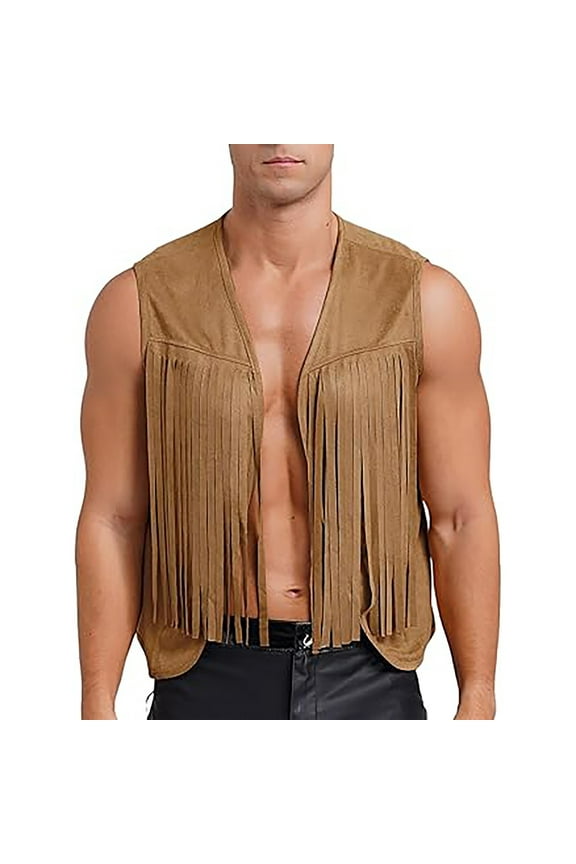 Men Cowboy Tassel Vest Faux Suede Leather Fringe Waistcoat Sleeveless Open Front Vest Jacket Sleeveless Shirts for Men, Cowboy Vest for Men Khaki XL
