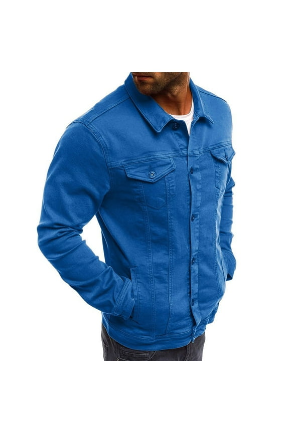 Mens Jacket Clearance, Men's Autumn Winter Button Solid Color Vintage Denim Jacket Tops Blouse Coat Golf Shirts for Men, Polo Shirts for Men Blue XXL