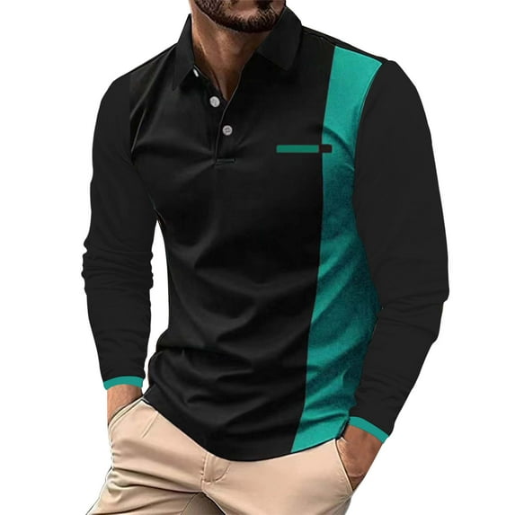 Charmgo Mens Polo Shirts Clearance, Men's Fashion Spring and Autumn Casual Long Sleeve Button Solid Color Long Sleeve Polo Shirts Top Mens T-Shirts, Polo Shirts for Men Green L