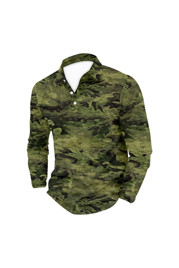 Mens Polo Shirts Clearance, Men's Long Sleeve 3D Printed Camo Shirt Camouflage Lapel Button Shirts Mens T-Shirts, Polo Shirts for Men Green L