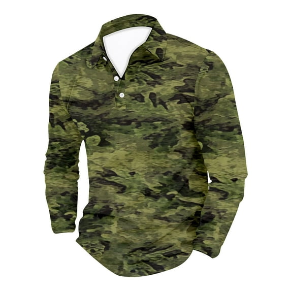 Charmgo Mens Polo Shirts Clearance, Men's Long Sleeve 3D Printed Camo Shirt Camouflage Lapel Button Shirts Mens T-Shirts, Polo Shirts for Men Green L
