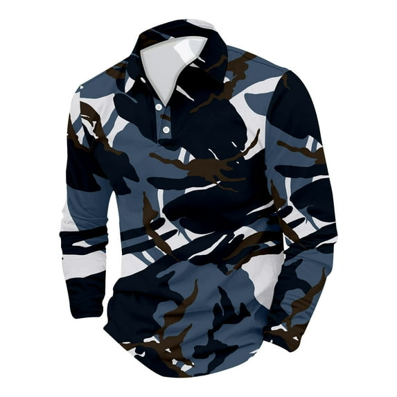 Charmgo Mens Polo Shirts Clearance, Men's Long Sleeve 3D Printed Camo Shirt Camouflage Lapel Button Shirts Mens T-Shirts, Polo Shirts for Men Navy M