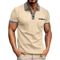 thumbnail image 1 of Charmgo Mens Polo T-Shirts Clearance, Men's Houndstooth Lapel Neck Short Sleeve Casual Top with Pockets T Shirt Golf Shirts for Men, Polo Shirts for Men Beige S, 1 of 3
