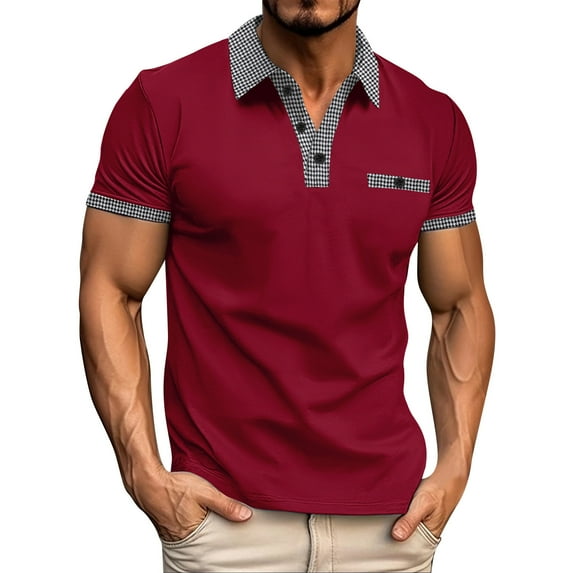Charmgo Mens Polo T-Shirts Clearance, Men's Houndstooth Lapel Neck Short Sleeve Casual Top with Pockets T Shirt Golf Shirts for Men, Polo Shirts for Men Red M