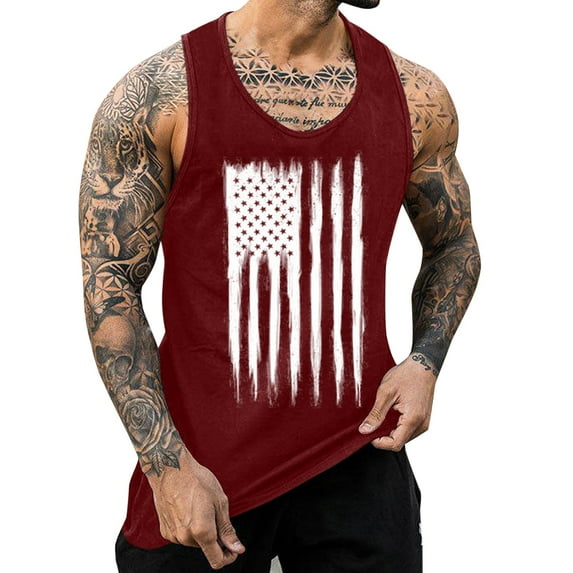 Charmgo Mens Shirts, Clearance Items, Mens Independence Day Summer Tank Top Breathable Large Size Casual Sleeveless Top Loose Partial Print Tank Top Golf Shirts for Men, Polo Shirts for Men Wine