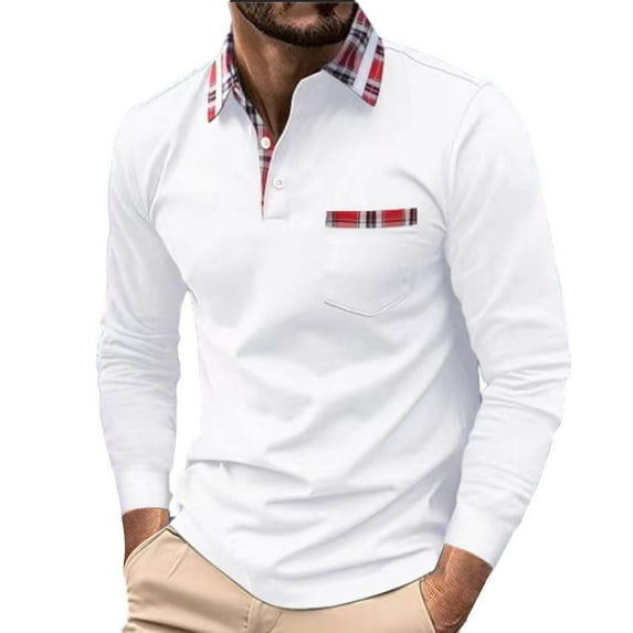 Charmgo Mens T-Shirts Clearance, Men's Fashion Spring and Autumn Casual Long Sleeve Button Solid Color Long Sleeve T Shirt Top Golf Shirts for Men, Polo Shirts for Men White M