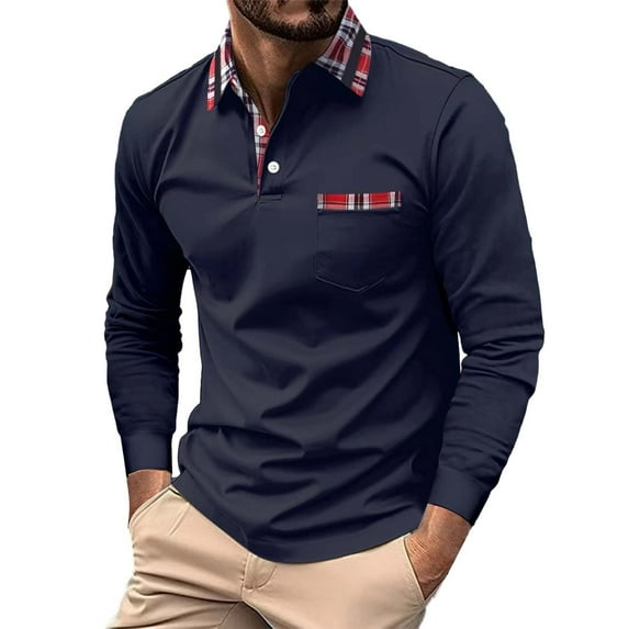 Charmgo Mens T-Shirts Clearance, Men's Fashion Spring and Autumn Casual Long Sleeve Button Solid Color Long Sleeve T Shirt Top Golf Shirts for Men, Polo Shirts for Men Navy S