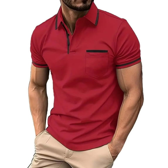 Charmgo Mens T-Shirts Clearance, Men's Fashion Spring and Summer Buttons Casual Short Sleeve Lapel Neck Shirt Solid Color Tops Golf Shirts for Men, Polo Shirts for Men Red XL