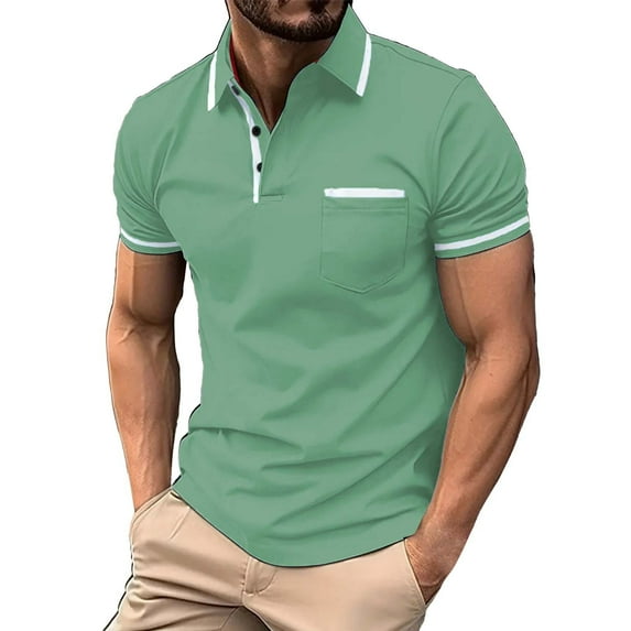 Charmgo Mens T-Shirts Clearance, Men's Fashion Spring and Summer Buttons Casual Short Sleeve Lapel Neck Shirt Solid Color Tops Golf Shirts for Men, Polo Shirts for Men Green L