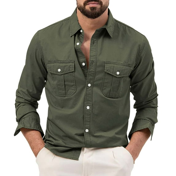 Charmgo Mens T-Shirts Clearance, Men's Fashion Spring and Summer Casual Long Sleeve Lapel Solid Color Shirt Shirt Double Pockets Men's Shirt Golf Shirts for Men, Polo Shirts for Men Army Green L