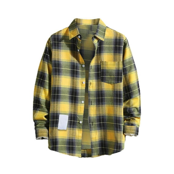 Charmgo Mens T-Shirts Clearance, Mens Casual Fall Lapel Neck Shirt Button Down Long Sleeve Shirt Men's Casual Shirts for Men, Flannel Shirt for Men Yellow L