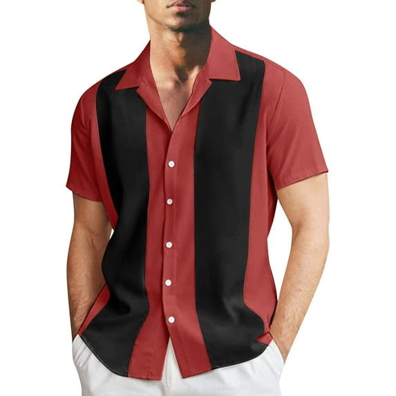 Charmgo Mens T-Shirts Clearance, Mens Fashion and Casual Color Blocking Camp Collar Short Sleeve Button Down Shirt T Shirt Golf Shirts for Men, Polo Shirts for Men Red S