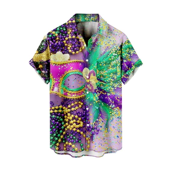 Charmgo Mens T-shirts Clearance, Men Casual Carnival Print Short Sleeve Front Button Shirt Golf Shirts for Men, Polo Shirts for Men Gold XXL