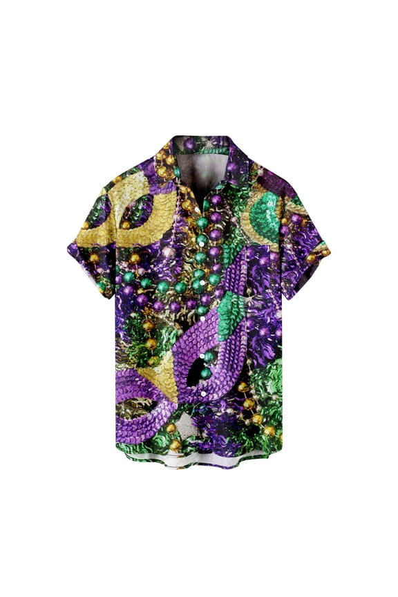 Mens T-shirts Clearance, Men Casual Carnival Print Short Sleeve Front Button Shirt Golf Shirts for Men, Polo Shirts for Men Green M