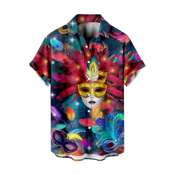 Charmgo Mens T-shirts Clearance, Men Casual Carnival Print Short Sleeve Front Button Shirt Golf Shirts for Men, Polo Shirts for Men Red XXL