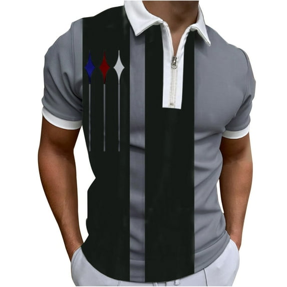 Charmgo Mens T-shirts Clearance, Men Summer Striped Splice Print T Shirt Turn Down Collar Short Sleeve Tops Golf Shirts for Men, Polo Shirts for Men Black L
