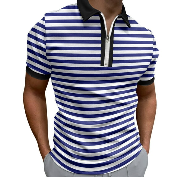 Charmgo Mens T-shirts Clearance, Men Summer Striped Splice Print T Shirt Turn Down Collar Short Sleeve Tops Golf Shirts for Men, Polo Shirts for Men Blue M