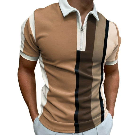 Charmgo Mens T-shirts Clearance, Men Summer Striped Splice Print T Shirt Turn Down Collar Short Sleeve Tops Golf Shirts for Men, Polo Shirts for Men Brown XXXL