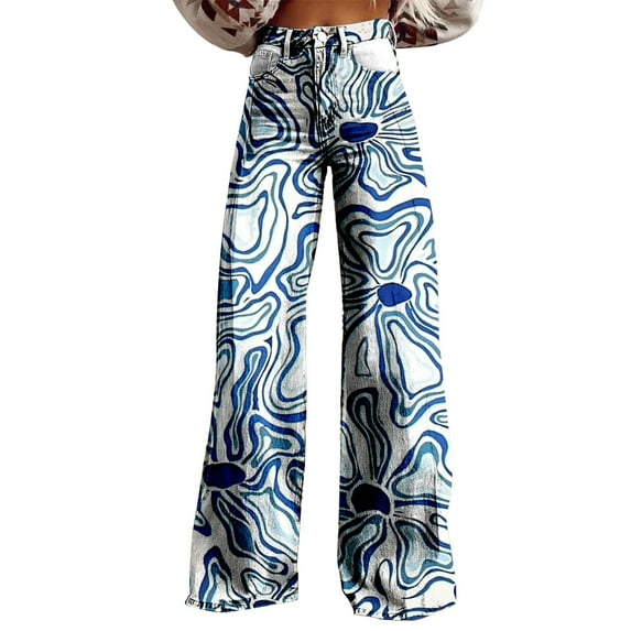 Charmgo Palazzo Pants for Women, Women's Vintage Floral Print Wide Leg Pant High Waisted Stretchy Flowy Pants with Pockets, Baggy Pants for Women Blue L