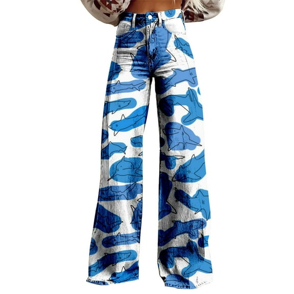 Charmgo Palazzo Pants for Women, Women's Vintage Floral Print Wide Leg Pant High Waisted Stretchy Flowy Pants with Pockets, Baggy Pants for Women Blue XXL