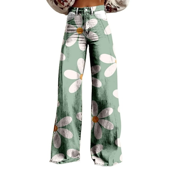 Charmgo Palazzo Pants for Women, Women's Vintage Floral Print Wide Leg Pant High Waisted Stretchy Flowy Pants with Pockets, Baggy Pants for Women Green XXL