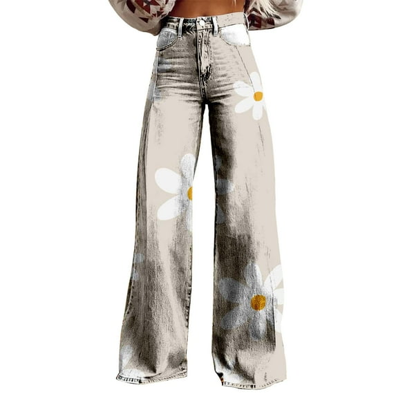 Charmgo Palazzo Pants for Women, Women's Vintage Floral Print Wide Leg Pant High Waisted Stretchy Flowy Pants with Pockets, Baggy Pants for Women Grey S